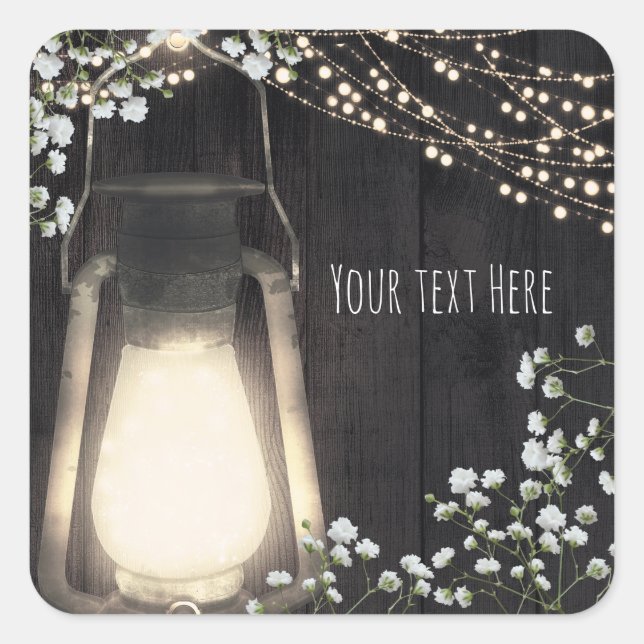 Rustic Lantern Baby's Breath & Lights Wedding Square Sticker (Front)