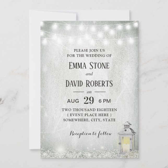 Rustic Lantern Baby's Breath String Lights Wedding Invitation (Front)