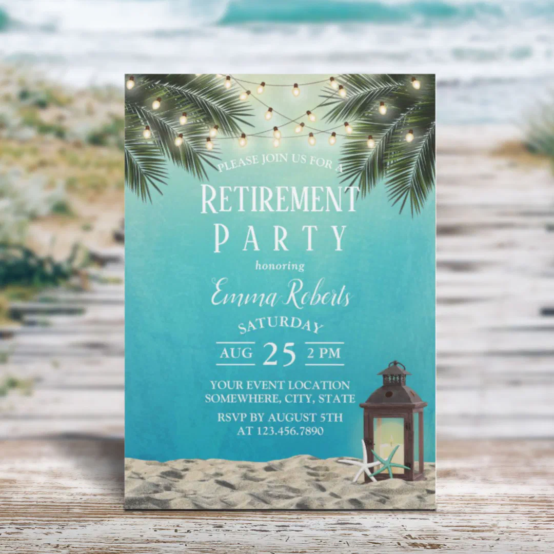 Rustic Lantern Beach Palm Trees Retirement Party Invitation (Creator Uploaded)