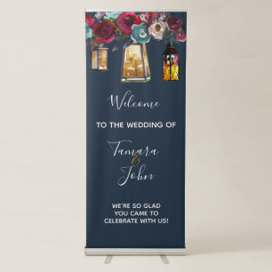 Rustic Lantern Burgundy Navy Blue Wedding Welcome Retractable Banner
