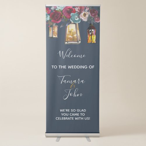 Rustic Lantern Burgundy Navy Blue Wedding Welcome Retractable Banner