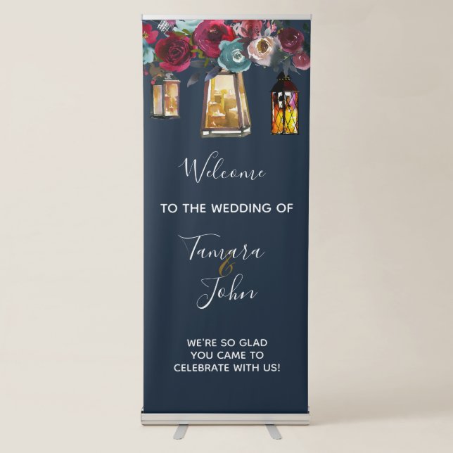 Rustic Lantern Burgundy Navy Blue Wedding Welcome Retractable Banner (Front)
