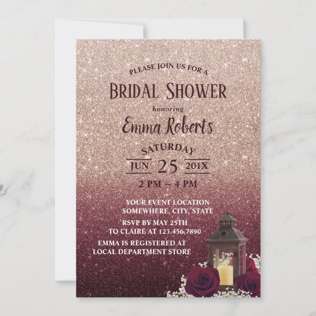 Rustic Lantern Burgundy Rose Gold Bridal Shower Invitation (Front)