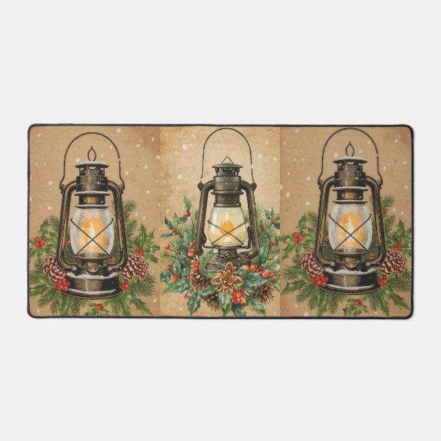 Rustic lantern Christmas holly pine festive winter Desk Mat (Front)