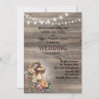 Rustic Lantern Country Wood Barn Wedding Invitation