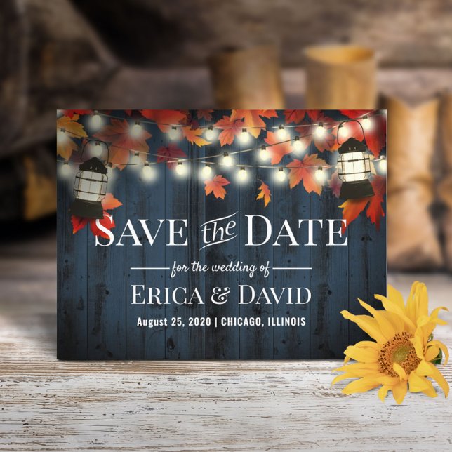Rustic Lantern Fall Navy Barn Wood Save the Date Announcement Postcard (Creator Uploaded)