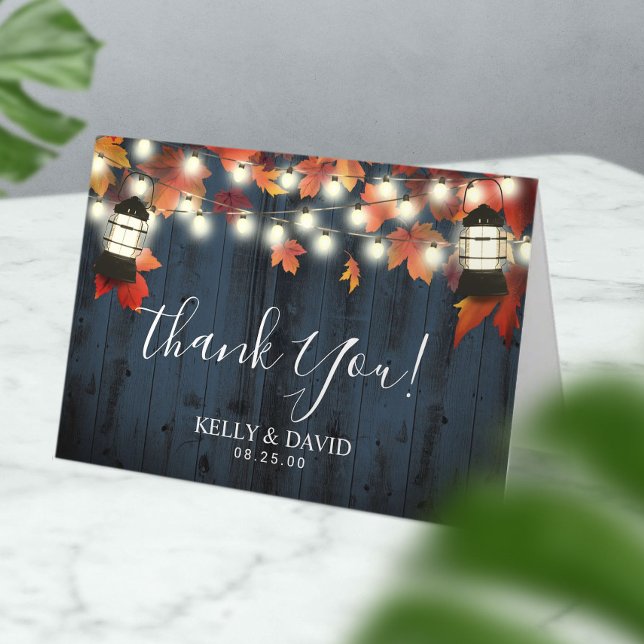 Rustic Lantern Fall Navy Barn Wood Thank You Card (Creator Uploaded)