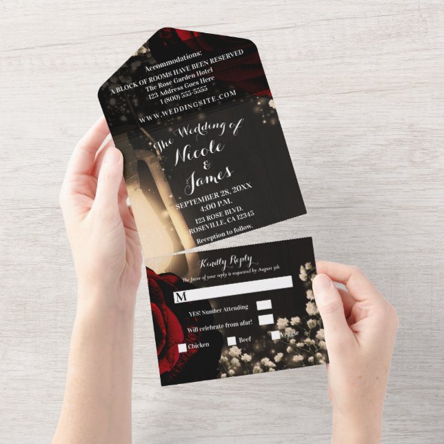 Rustic Lantern & Glam Red Roses Wedding + RSVP    All In One Invitation (Tearaway)