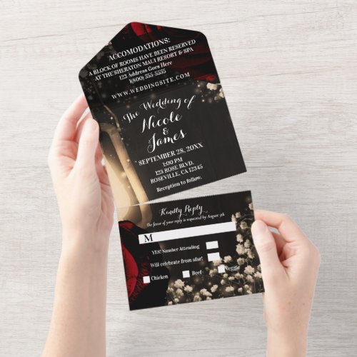 Rustic Lantern  Glam Red Roses Wedding  RSVP   All In One Invitation