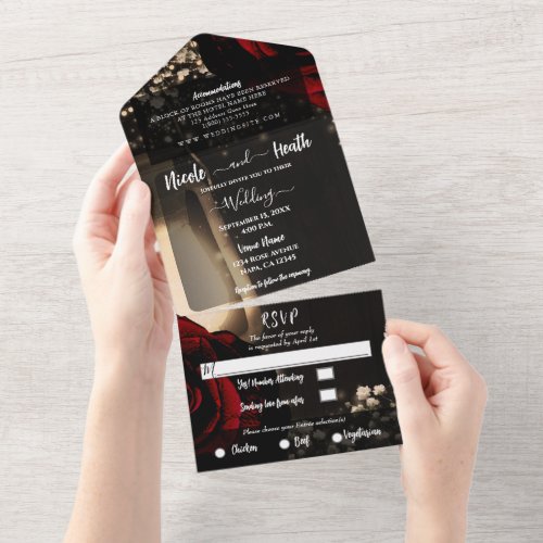 Rustic Lantern  Glam Red Roses Wedding  RSVP     All In One Invitation