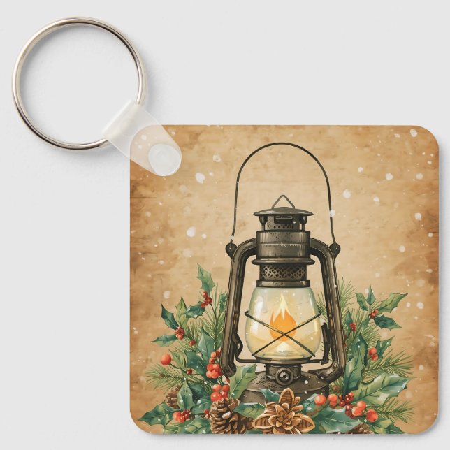 Rustic lantern holly pine festive winter christmas keychain (Front)