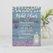 Rustic Lantern Lavender Flowers Blue Bridal Shower Invitation (Standing Front)