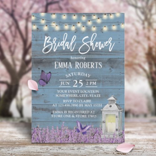Rustic Lantern Lavender Flowers Blue Bridal Shower Invitation