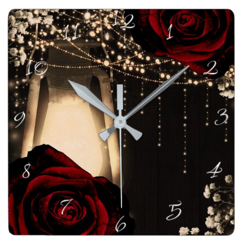 Rustic Lantern Light & Dark Red Roses Floral Glam Square Wall Clock
