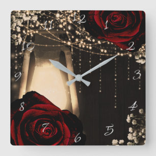 Rustic Lantern Light & Dark Red Roses Floral Glam Square Wall Clock