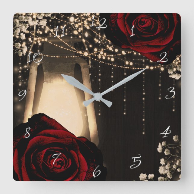 Rustic Lantern Light & Dark Red Roses Floral Glam Square Wall Clock (Front)