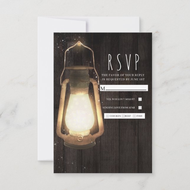 Rustic Lantern Lights Barn Wood Wedding RSVP (Front)