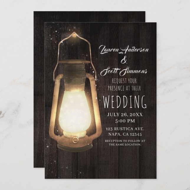 Rustic Lantern Lights Brown Barn Wood Wedding Invitation (Front/Back)
