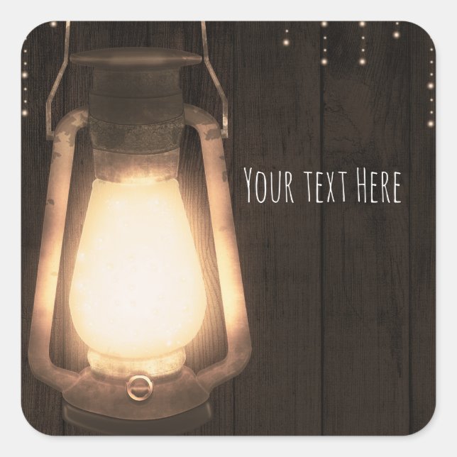 Rustic Lantern & Lights Brown Barn Wood Wedding Square Sticker (Front)