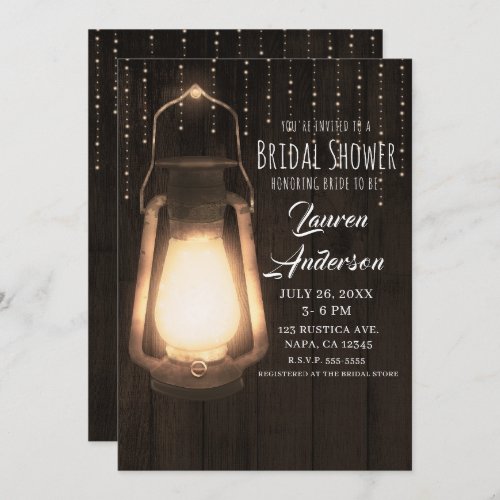 Rustic Lantern  Lights Brown Wood Bridal Shower Invitation
