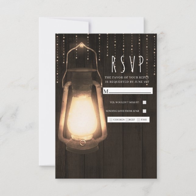Rustic Lantern & Lights Brown Wood Wedding RSVP (Front)