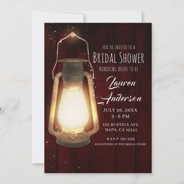 Rustic Lantern Lights Cherry Wood Bridal Shower Invitation (Front)