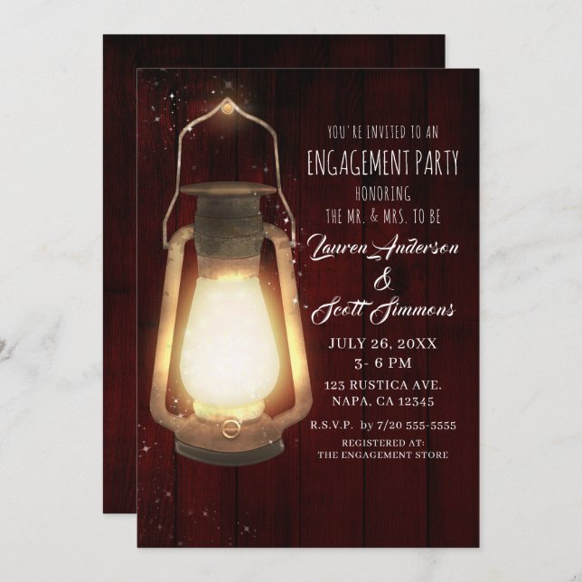 Rustic Lantern Lights Cherry Wood Engagement Party Invitation (Front/Back)
