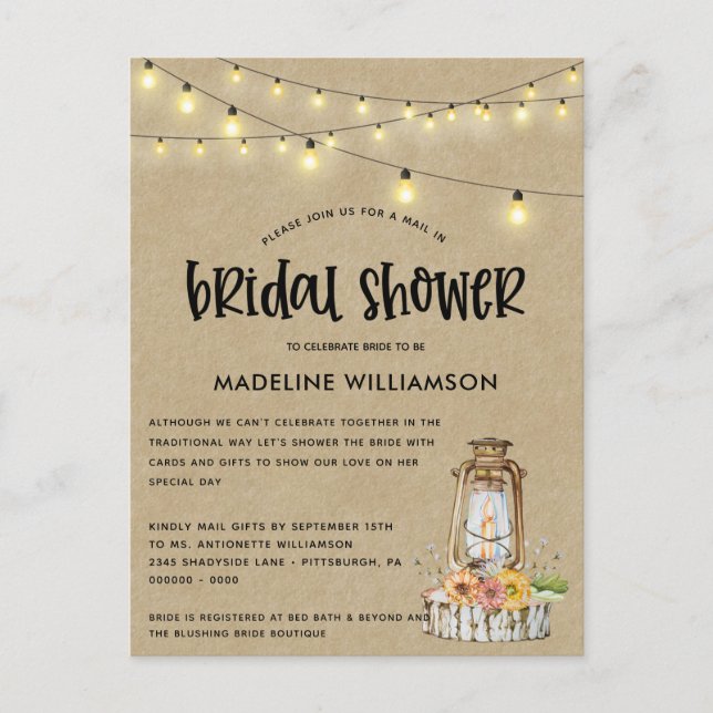 Rustic Lantern & Lights MAIL IN  Bridal Shower Postcard (Front)