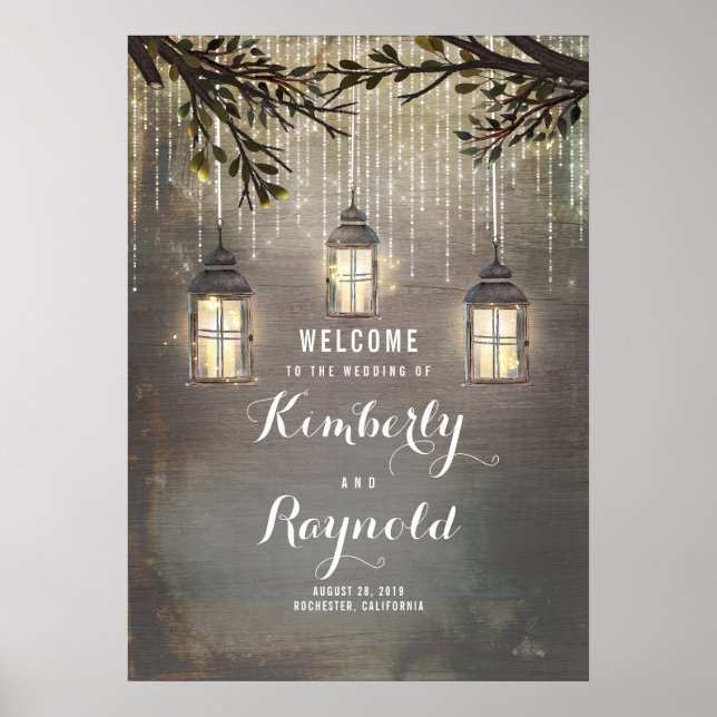 Rustic Lantern Lights Wedding Welcome Sign (Front)