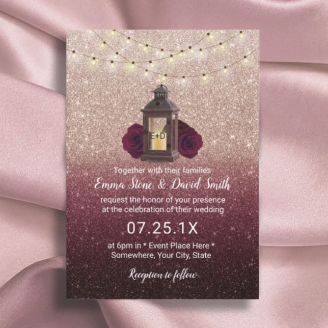 Rustic Lantern Modern Burgundy Rose Gold Wedding Invitation (Creator Uploaded)