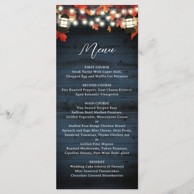 Rustic Lantern Navy Barn Wood Fall Wedding Menu (Front)