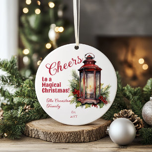 Rustic Lantern Pine and Berries Cheers Christmas Ceramic Ornament
