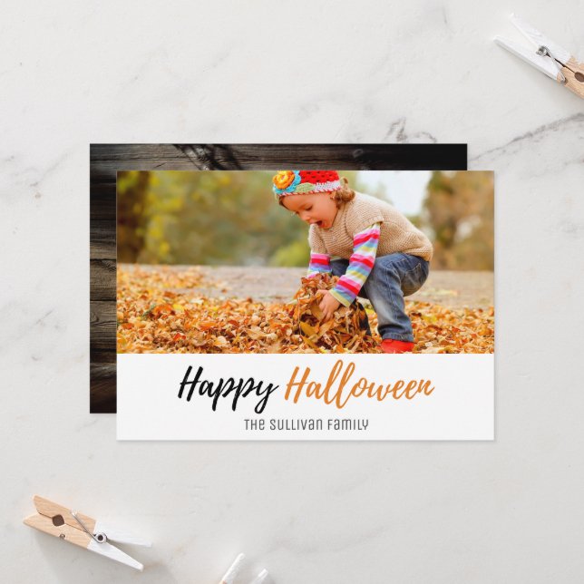 Rustic Lantern Pumpkin Family Halloween Photo Card (Front/Back In Situ)