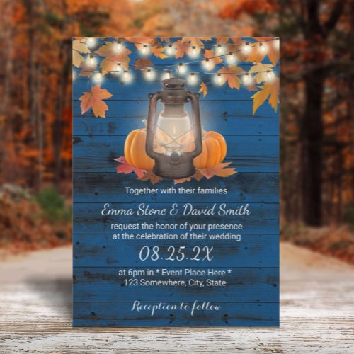 Rustic Lantern  Pumpkins Navy Blue Fall Wedding Invitation
