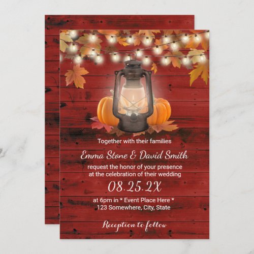 Rustic Lantern  Pumpkins Red Barn Fall Wedding Invitation