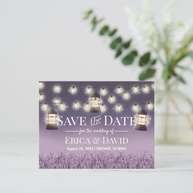 Rustic Lantern Purple Flowers Save the Date Announcement Postcard (Standing Front)