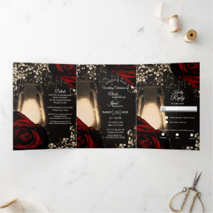 Rustic Lantern  Red Roses Trifold Wedding Program