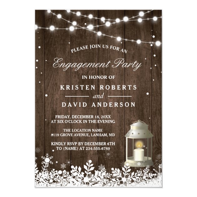 Rustic Lantern Snowflakes Winter Engagement Party Invitation