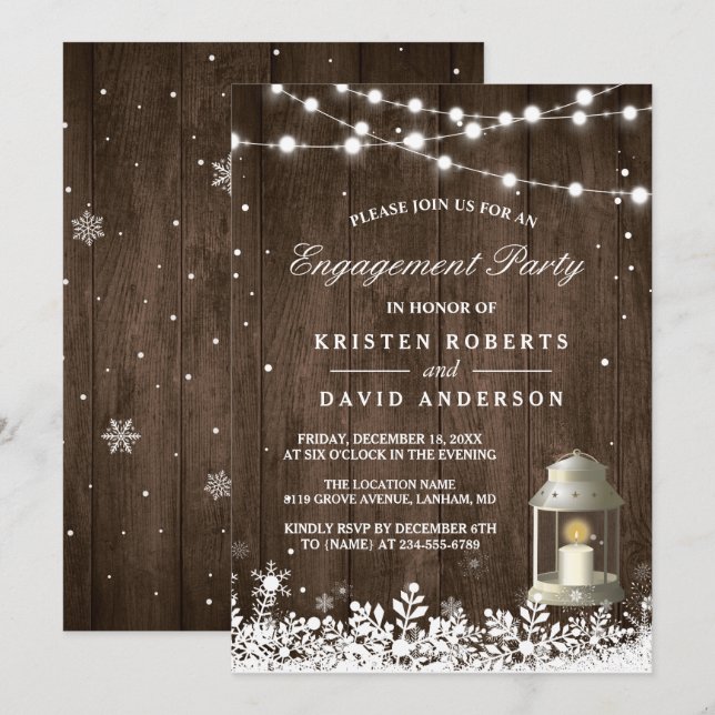 Rustic Lantern Snowflakes Winter Engagement Party Invitation (Front/Back)