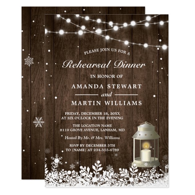 Rustic Lantern Snowflakes Winter Rehearsal Dinner Card (front side)