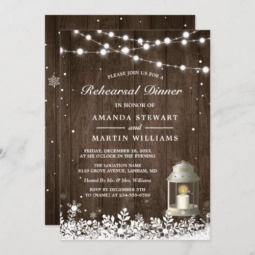 Rustic Lantern Snowflakes Winter Rehearsal Dinner Invitation