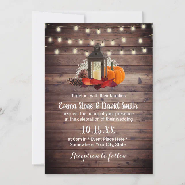 Rustic Lantern & String Lights Autumn Wedding Invitation | Zazzle