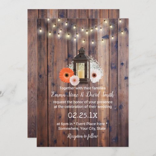 Rustic Lantern String Lights Daisy Floral Wedding Invitation