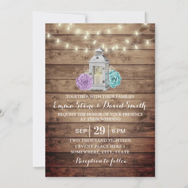 Rustic Lantern Succulent Floral Wedding Invitation (Front)