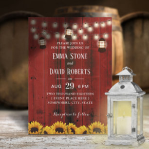 Rustic Lantern Sunflowers Red Barn Country Wedding Invitation