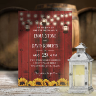 Rustic Lantern Sunflowers Red Barn Country Wedding Invitation