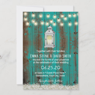 Rustic Lantern Teal Barn Country Floral Wedding Invitation