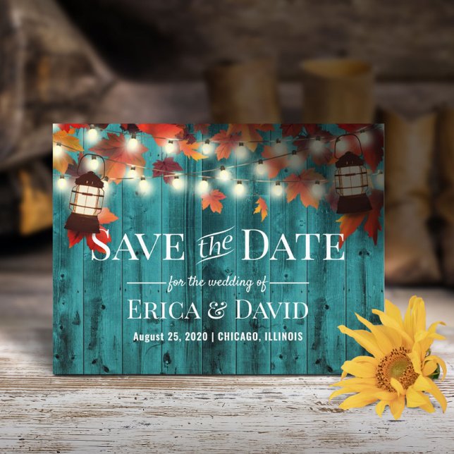Rustic Lantern Teal Fall Wedding Save the Date Announcement Postcard (Creator Uploaded)