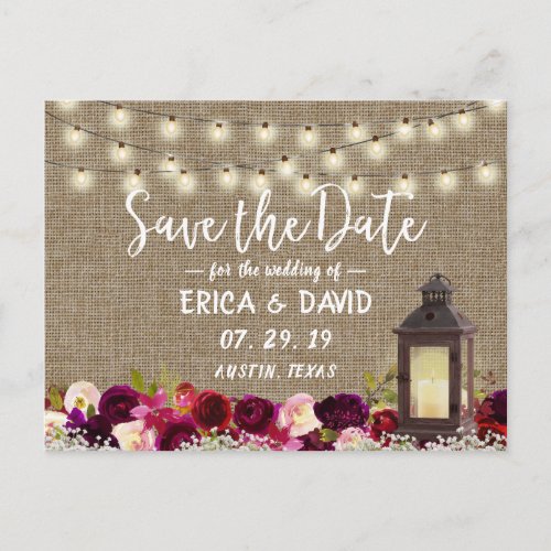 Rustic Lantern Vintage Floral Burlap Save the Date Announcement Postcard