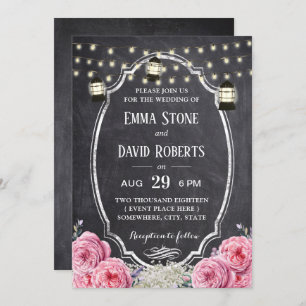 Rustic Lantern Vintage Floral Chalkboard Wedding Invitation